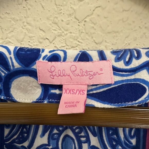 LILLY PULITZER Sydney Caftan Top Blue Floral Sleeveless Vacay - Picture 8 of 11